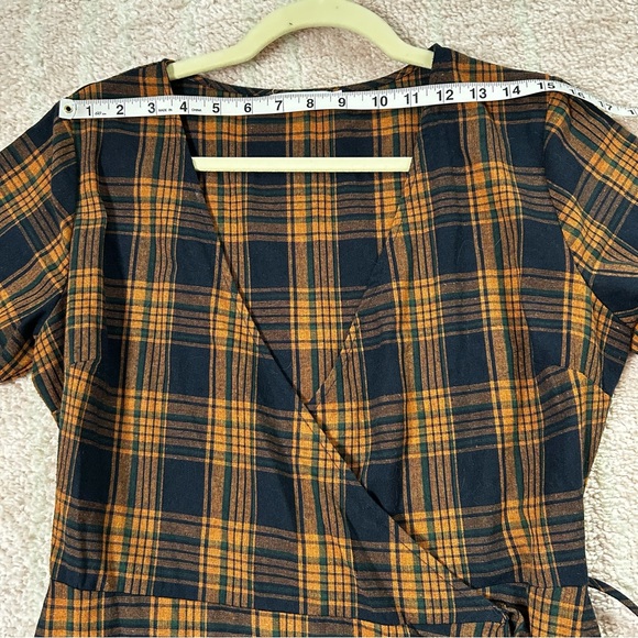 Stelen Cotton Plaid Wrap Dress Orange Navy Green Fall Plaid Size Med Ruffle Hem - Picture 5 of 9